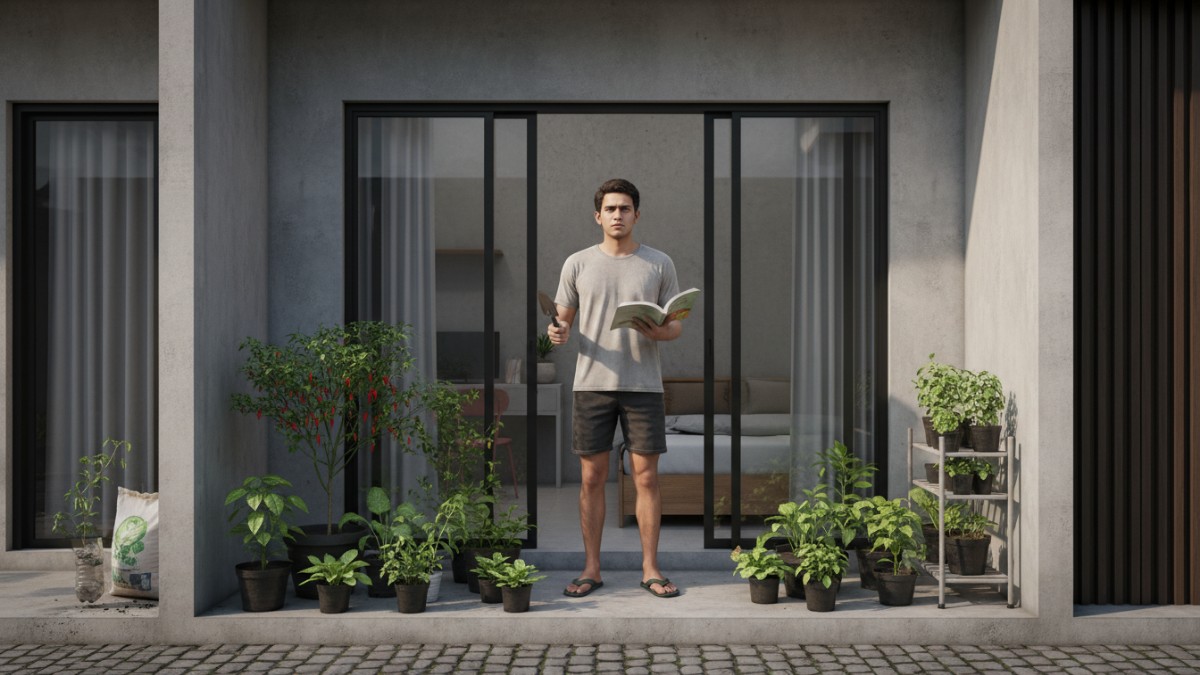 Deretan pot sayur daun di depan kamar kos sempit.