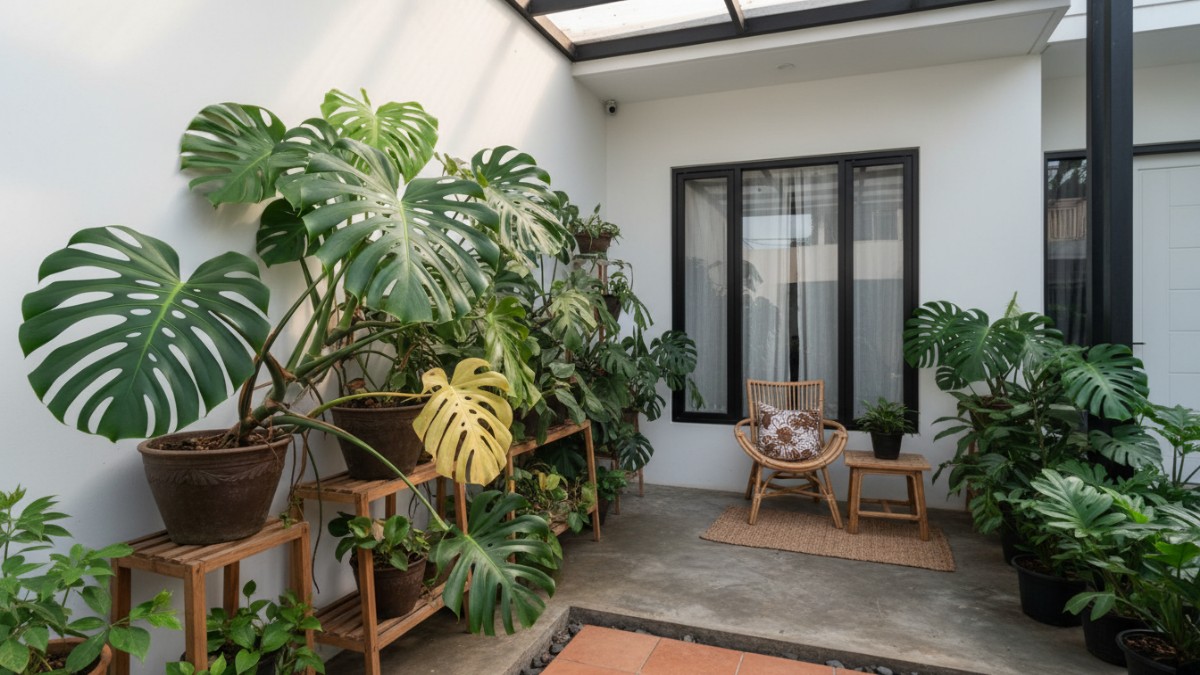 Tanaman Monstera hijau rimbun ditempatkan di teras rumah minimalis dengan pencahayaan tersaring.