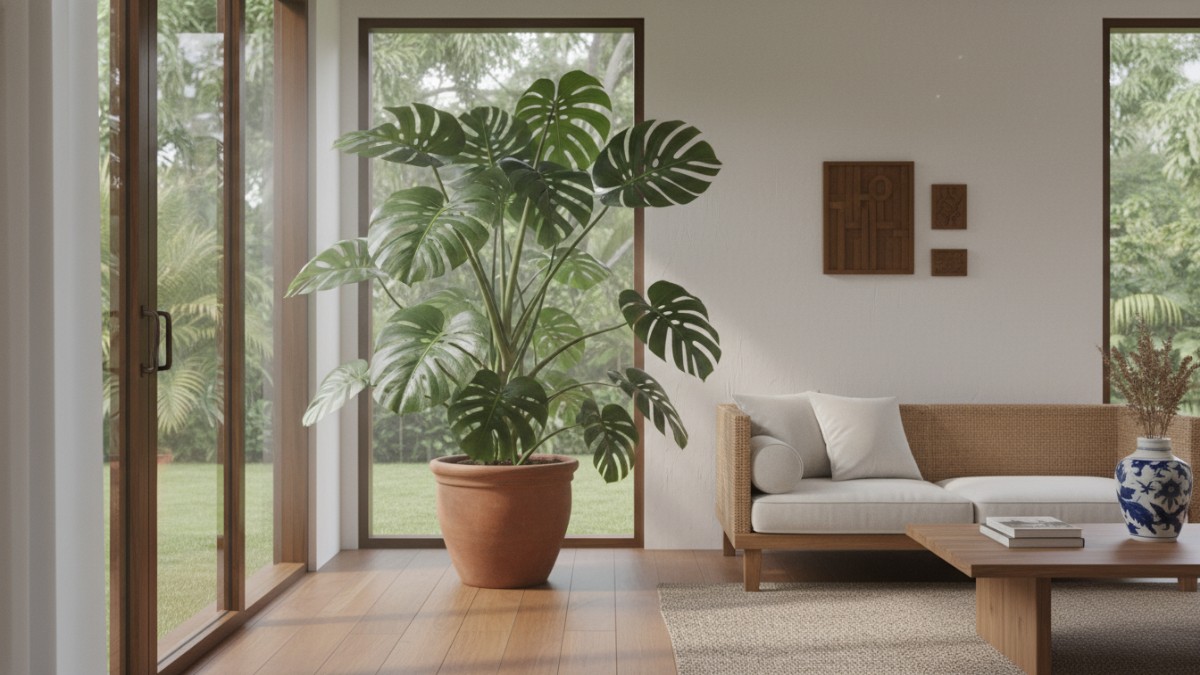 Monstera di teras dengan paranet untuk menyaring cahaya.