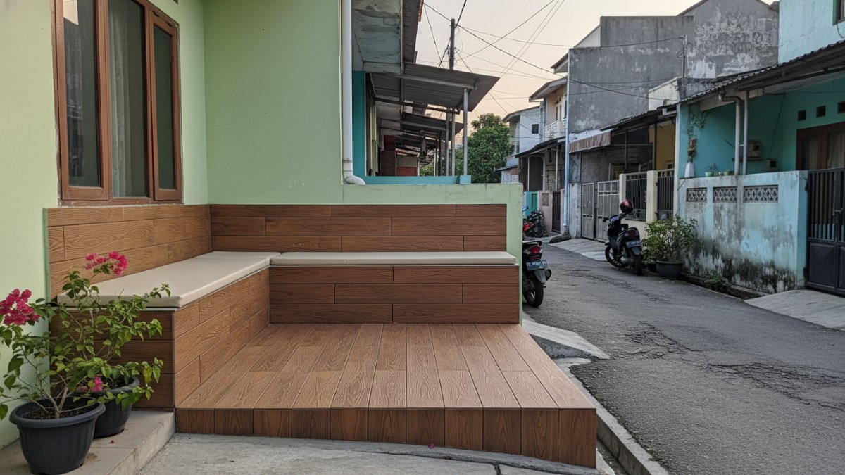 Teras Deck Kayu dan Area duduk dibuat built-in menyatu dengan dinding