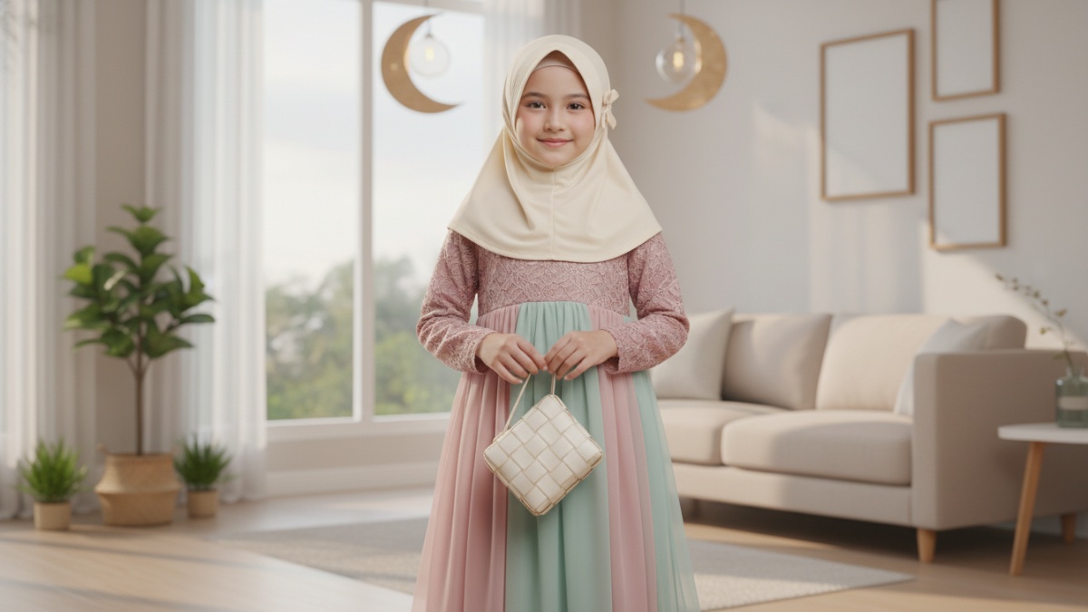 Anak perempuan mengenakan dress brokat kombinasi polos warna pastel untuk Lebaran 2026.