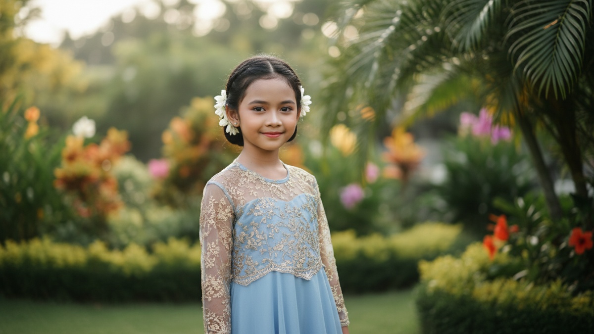 Detail brokat tipis pada bagian atas dress anak.
