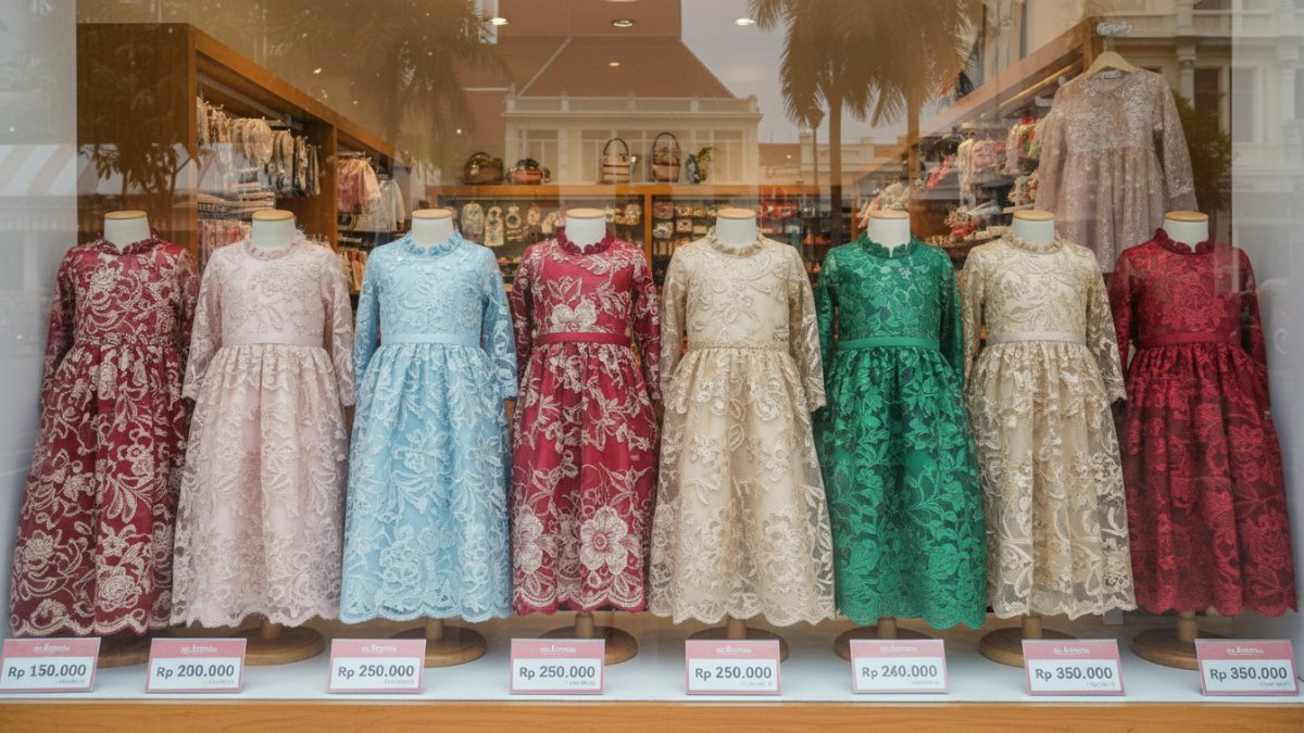 Estimasi harga dress brokat anak di etalase toko.