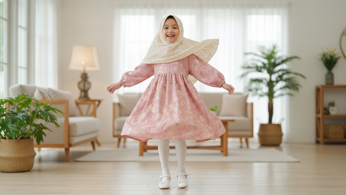 Anak bergerak aktif mengenakan busana Lebaran nyaman.