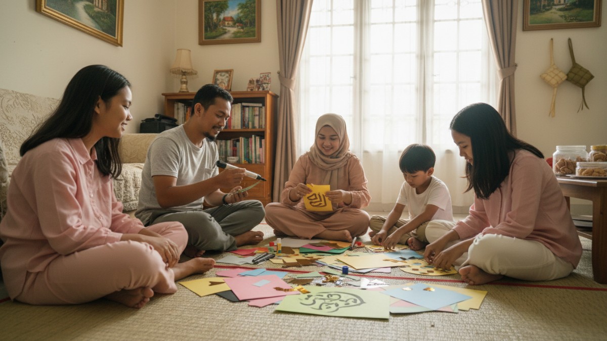 Keluarga membuat dekorasi kaligrafi kertas bersama di ruang tamu sederhana menjelang Lebaran.