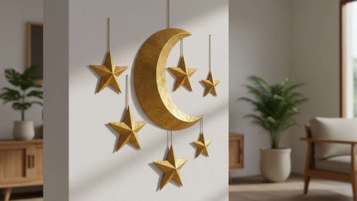 Contoh hiasan dinding bulan sabit dan bintang dari karton warna emas.
