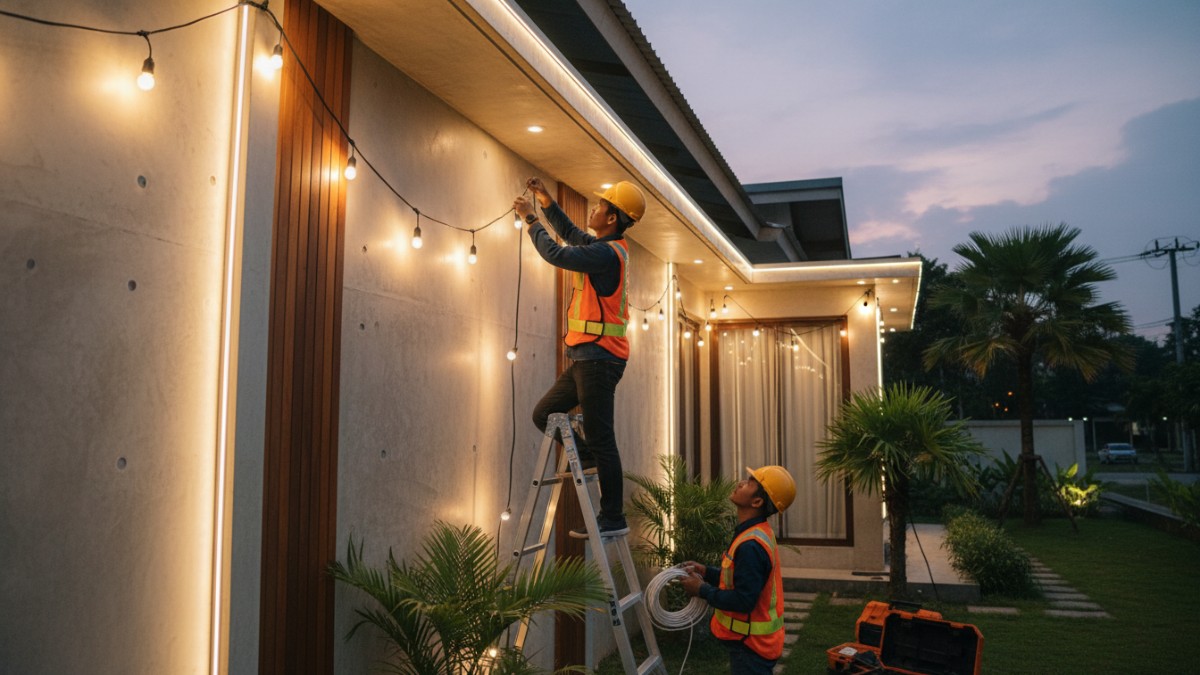 Proses pemasangan lampu LED string secara aman di dinding.