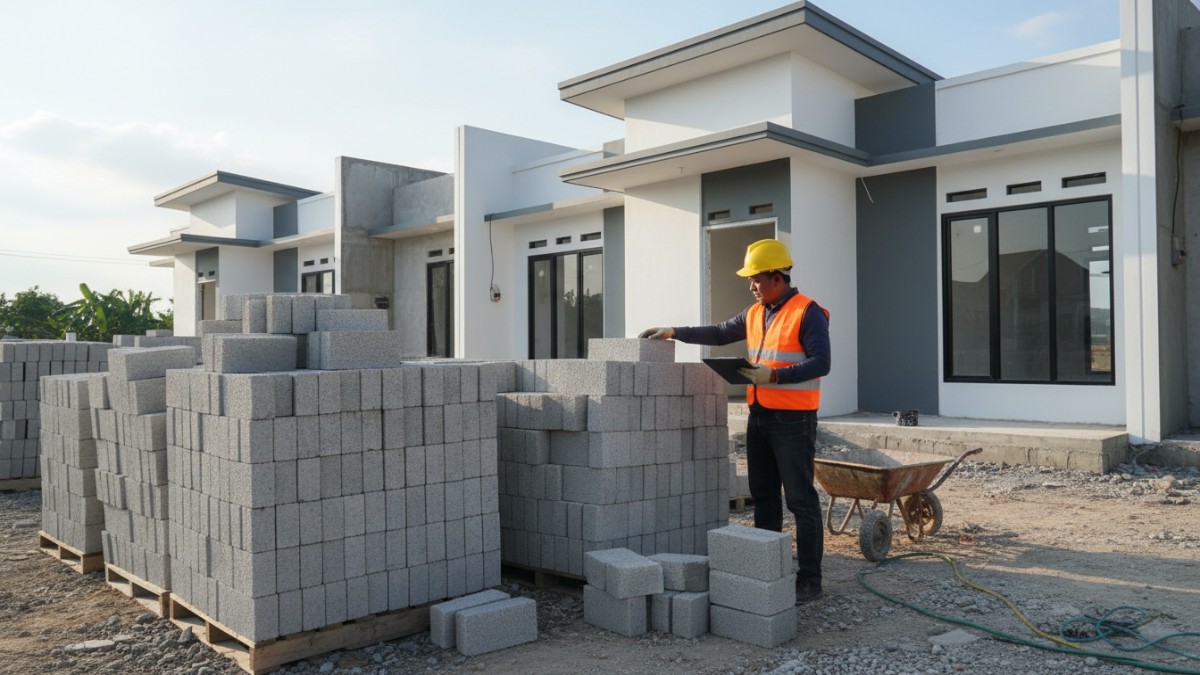 Tumpukan hebel tersusun rapi di lokasi proyek rumah. 