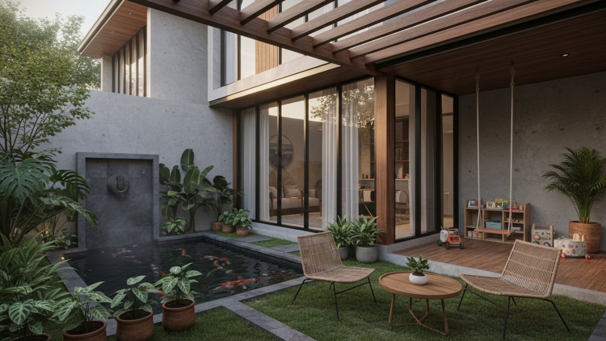 Taman minimalis rumah tipe 45 dengan batu koral dan tanaman pot rapi, inspirasi ruang hijau lahan terbatas.