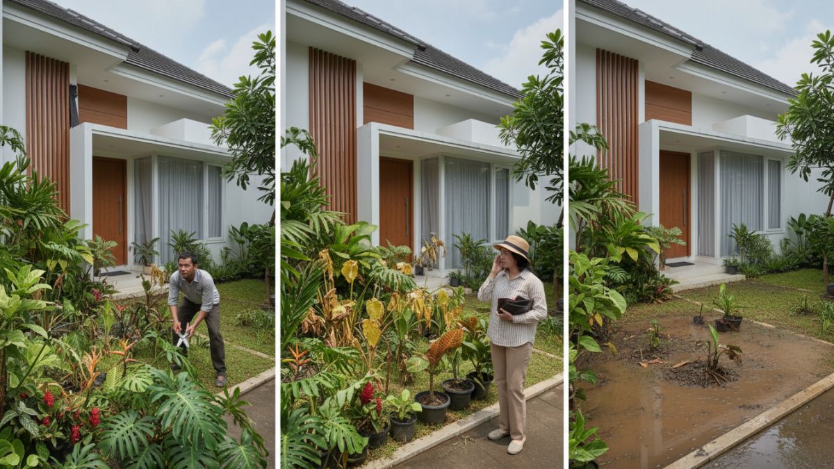 Contoh taman terlalu penuh tanaman hingga tampak sesak.