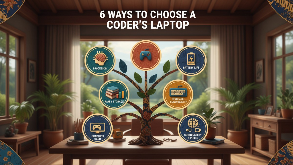 Infografik 6 cara pilih laptop coder.