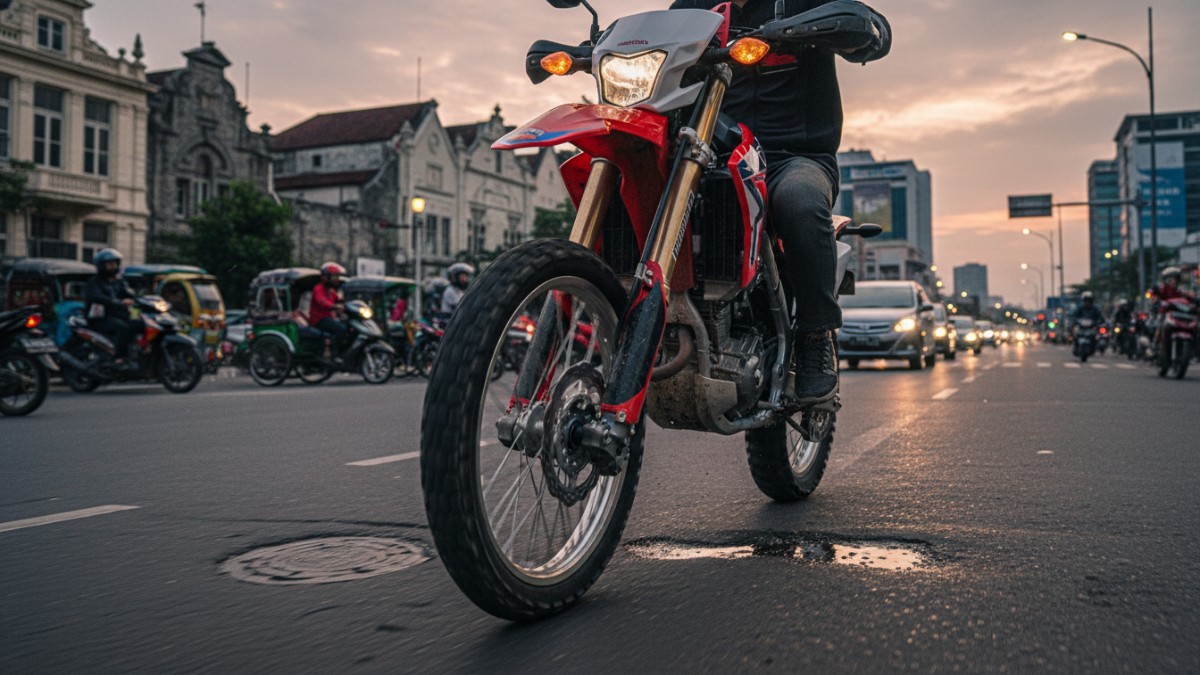 Tampilan suspensi depan USD Honda CRF150L saat digunakan di jalan kota.