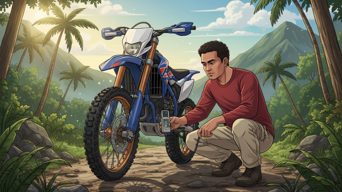Ilustrasi pengecekan tekanan ban motor trail sebelum digunakan harian.