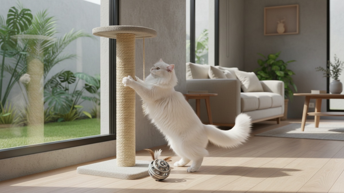 Area bermain kucing indoor dengan scratching post.