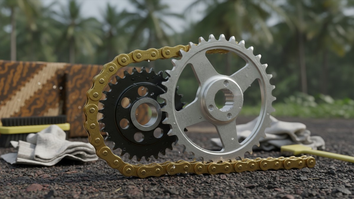 Detail rantai dan gear set Honda CRF150L dalam kondisi bersih setelah perawatan.