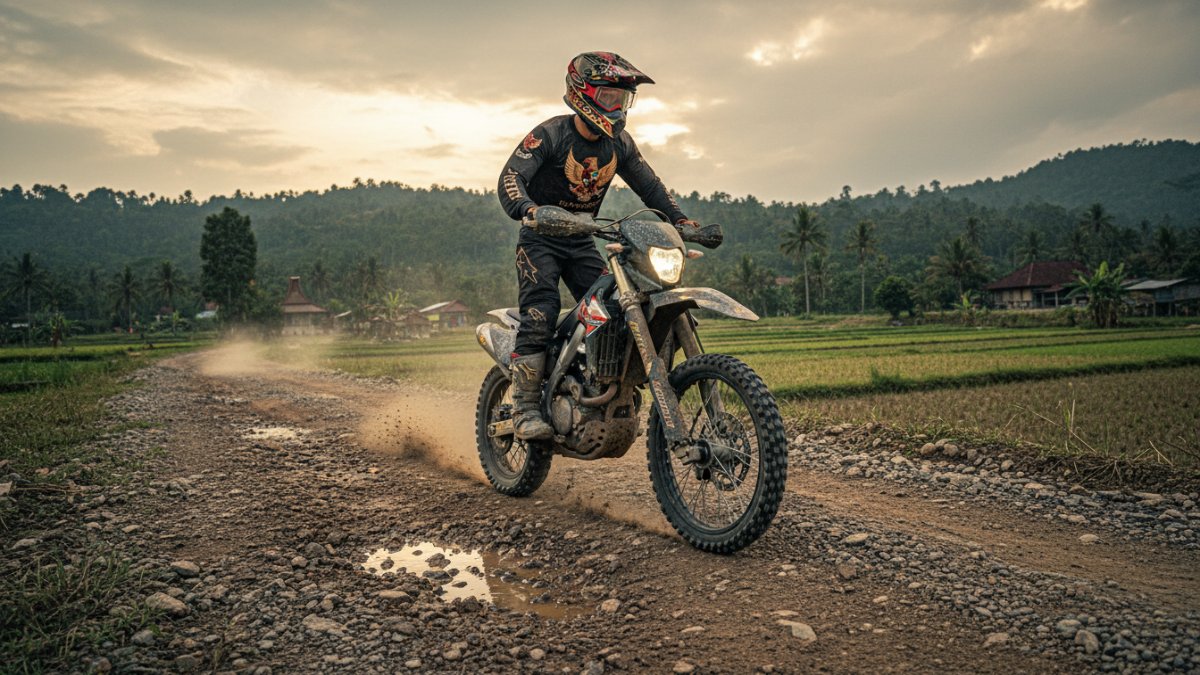 Posisi riding berdiri saat melewati jalan rusak ringan.