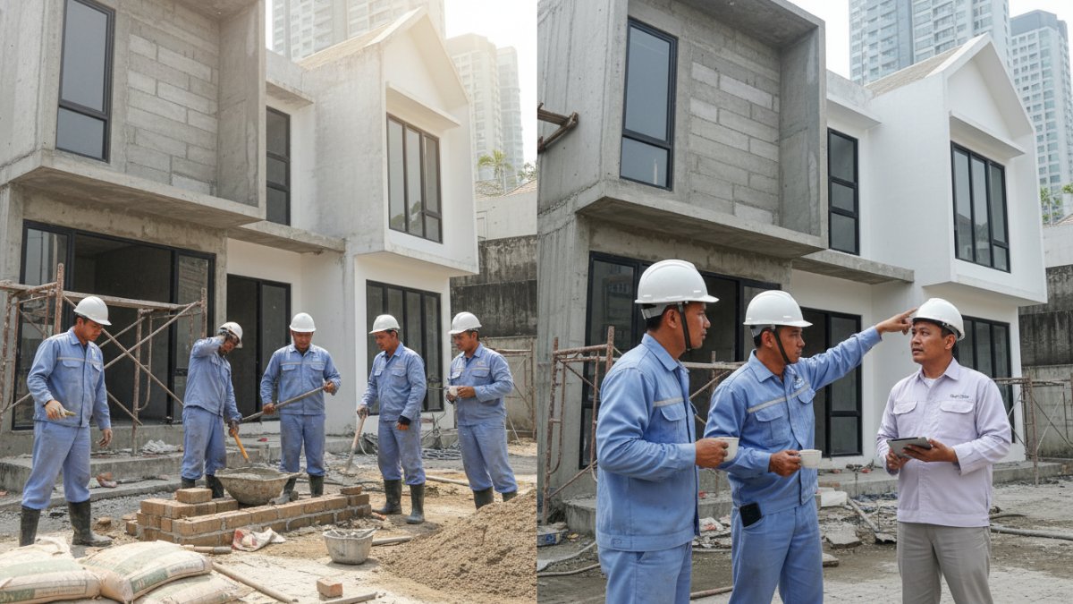 Ilustrasi tukang bangunan bekerja renovasi rumah dengan perbandingan sistem harian dan borongan. 