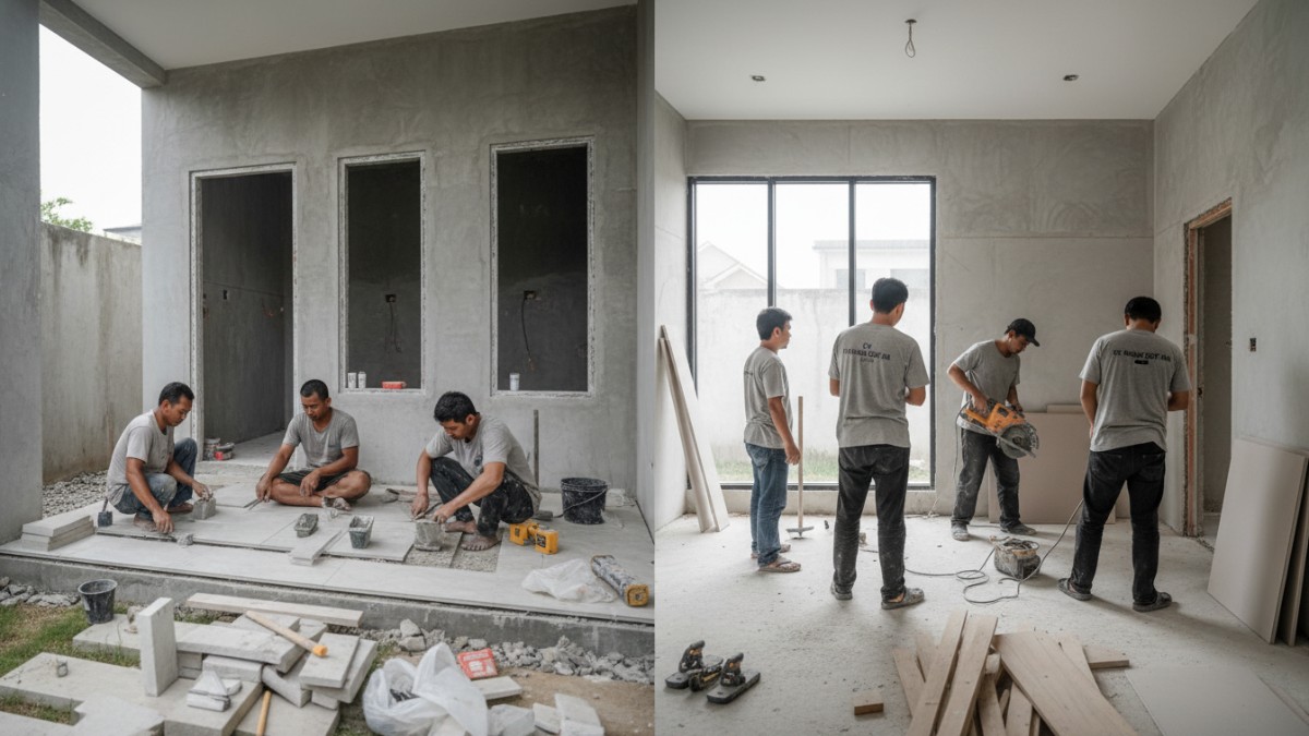 Perbandingan kerja tukang harian dan borongan di proyek renovasi rumah. 