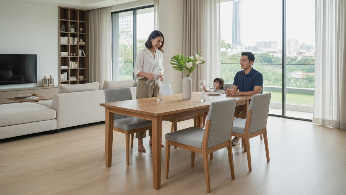 Meja makan minimalis sesuai ukuran ruang keluarga modern. 