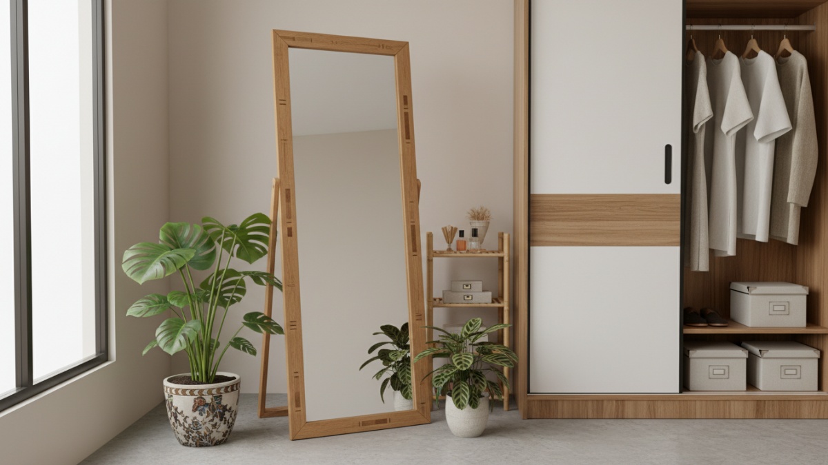 Cermin berdiri dekat wardrobe dengan tanaman indoor.