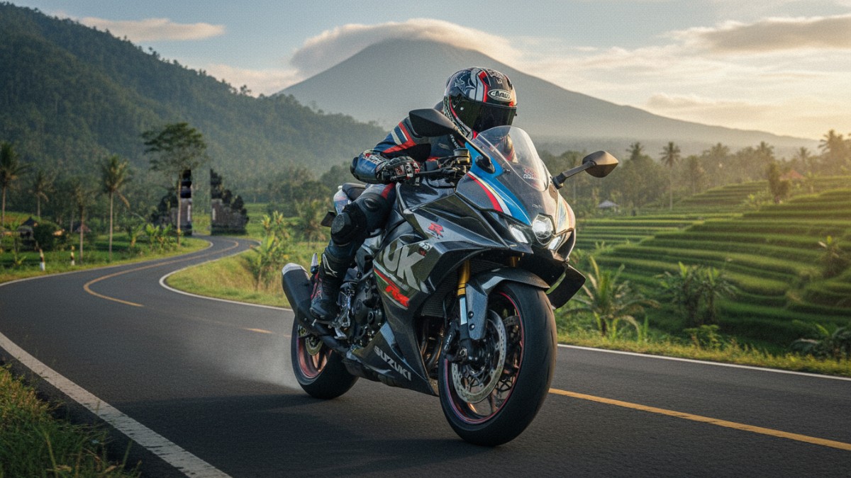 Suzuki GSX-8R tampak agresif dengan fairing aerodinamis dan posisi riding sporty, siap melibas jalanan Indonesia.