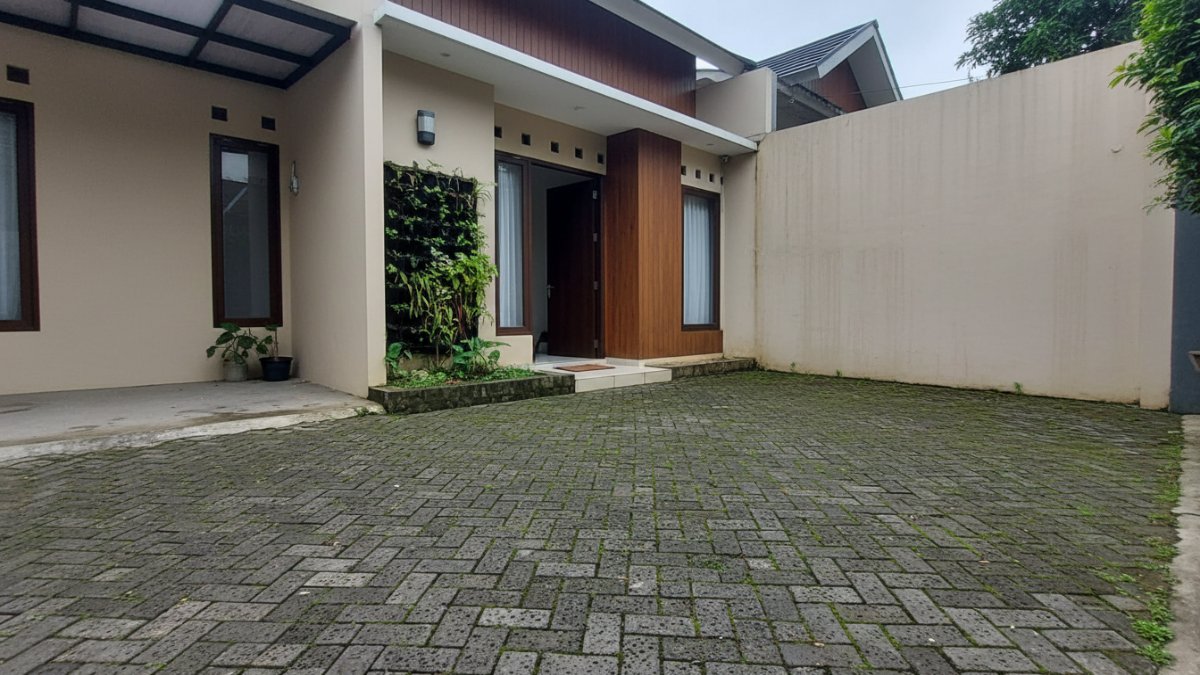 Area carport lembap dengan lumut tumbuh di sela paving.