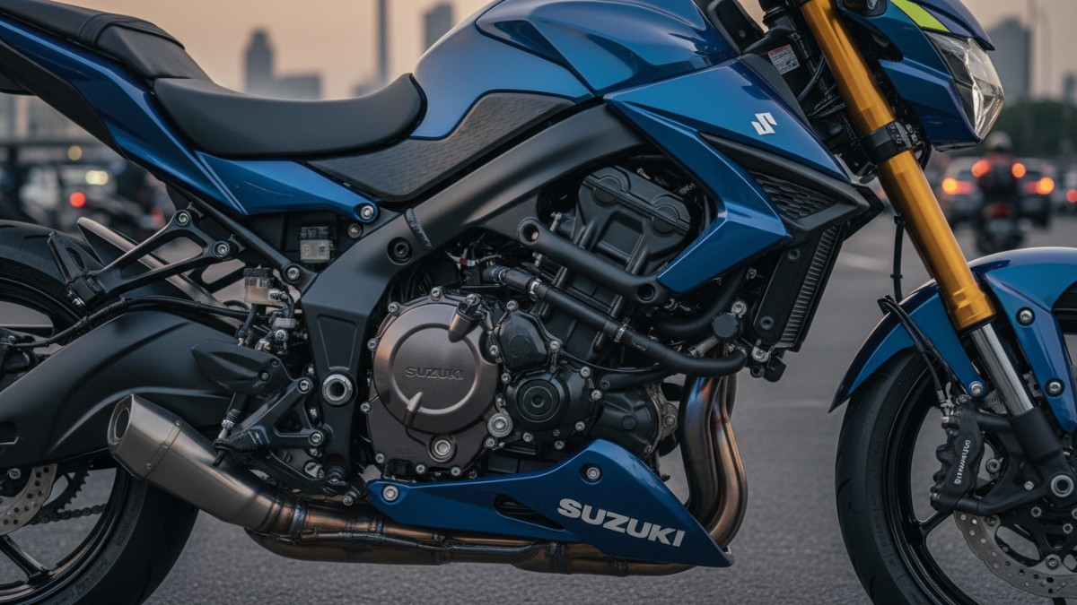 Detail mesin paralel twin 776 cc Suzuki GSX-8R dengan rangka baru.