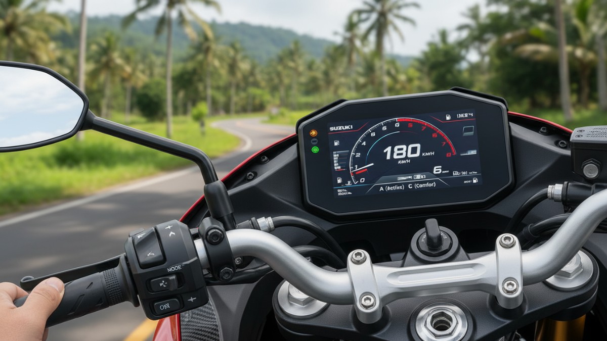 Panel instrumen TFT dan kontrol ride mode modern GSX-8R.