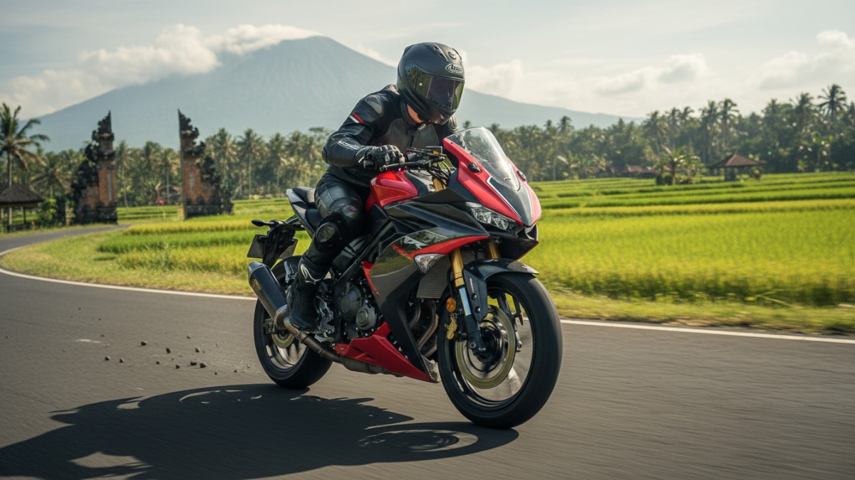 Posisi duduk rider saat test ride sportbike kelas menengah.