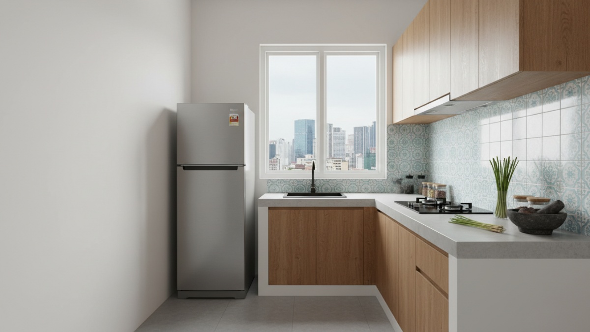 Dapur minimalis dengan kulkas proporsional dan ruang gerak lega.
