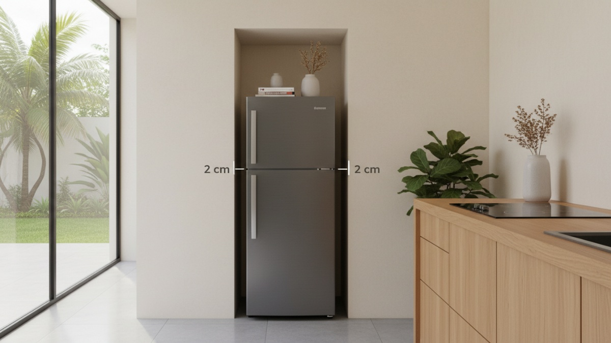 Ilustrasi jarak ventilasi kulkas dari dinding dapur.