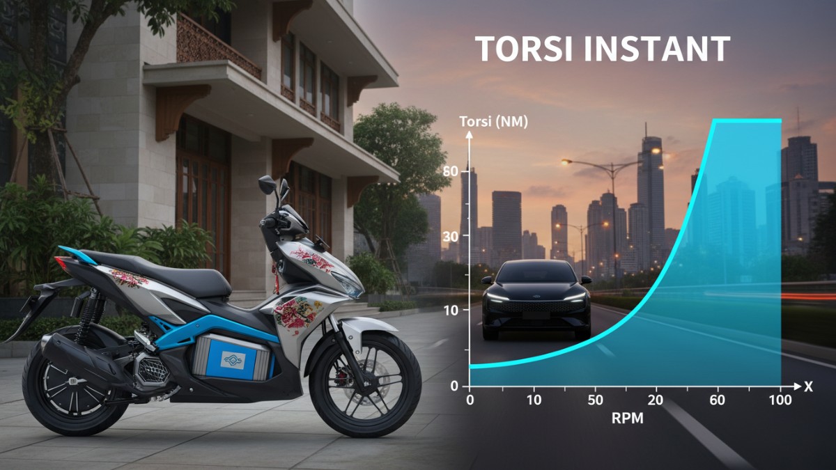 Tampilan motor listrik dan diagram torsi instan pada mobil listrik modern.