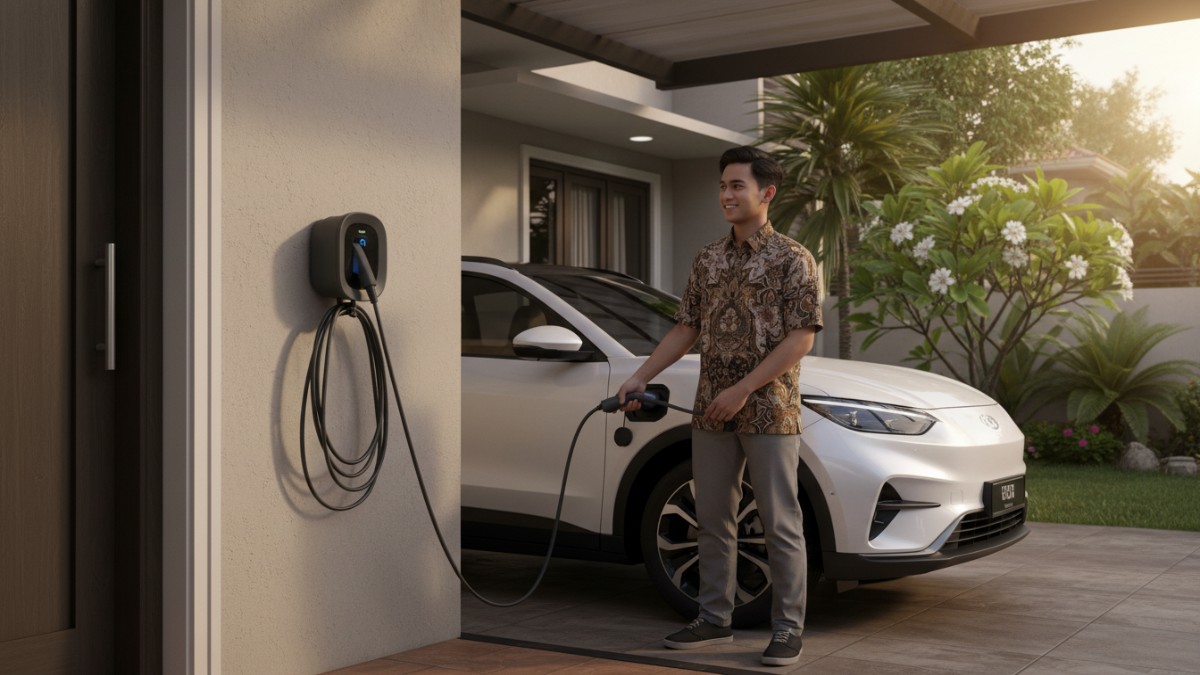 Foto pengisian daya mobil listrik di rumah dengan wall charger.