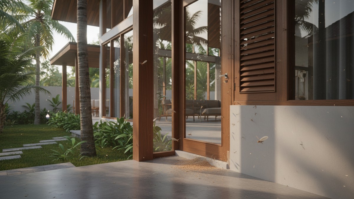 Kusen pintu kayu dengan tanda serangan rayap dan serbuk kayu.