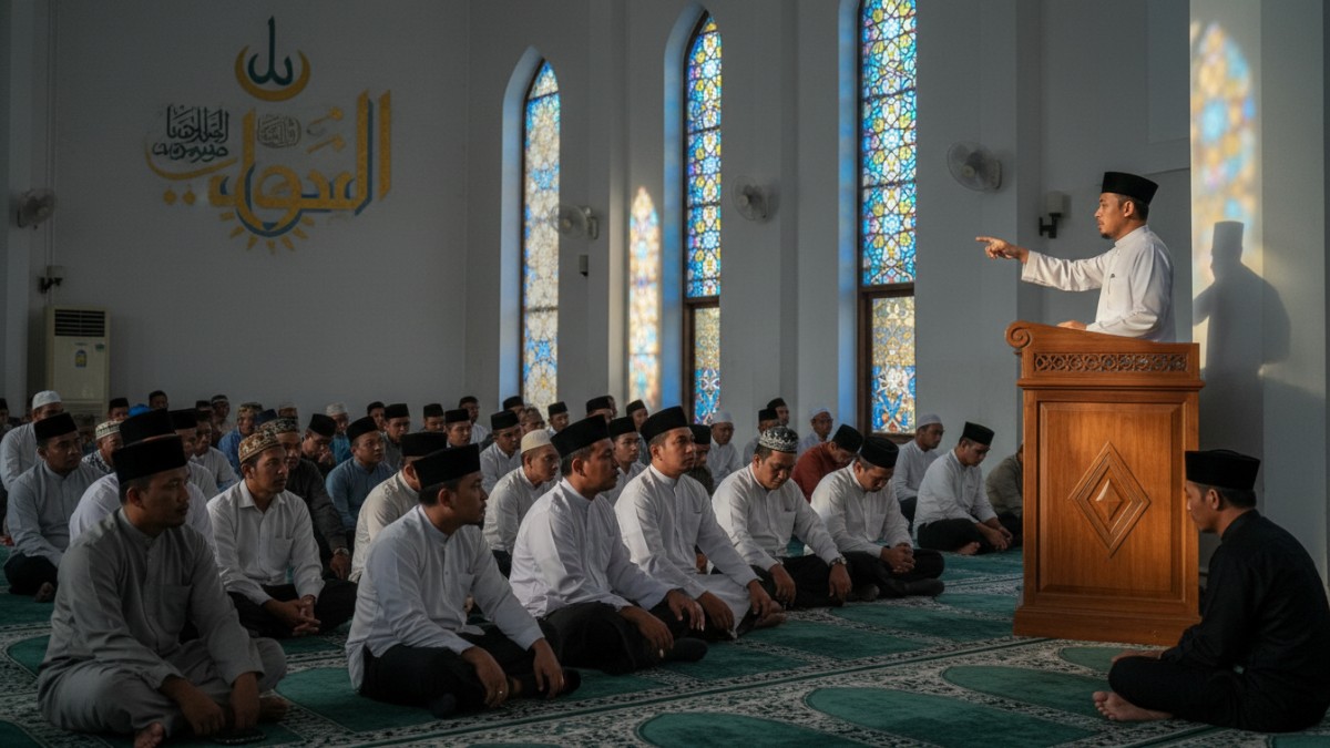 Ilustrasi suasana khutbah Jumat di masjid saat Ramadan, menggambarkan pesan takwa dan evaluasi jiwa yang kuat 