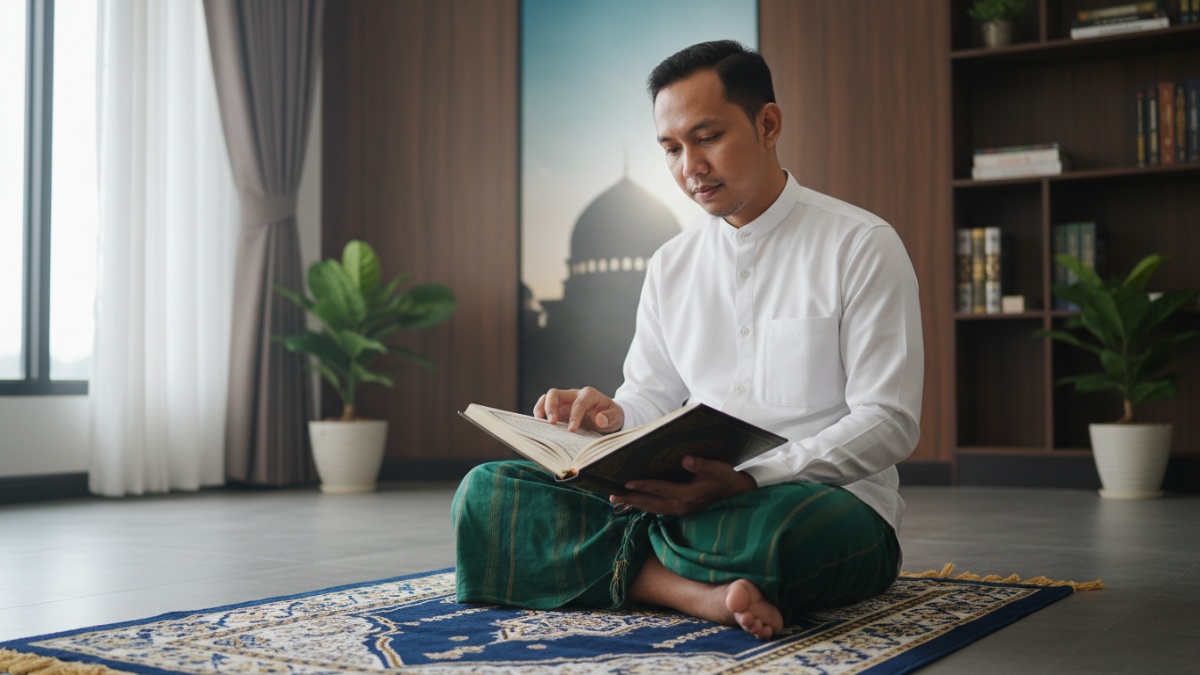 Ilustrasi seseorang membaca Al-Qur&rsquo;an dengan khusyuk sebagai terapi penyakit hati. 