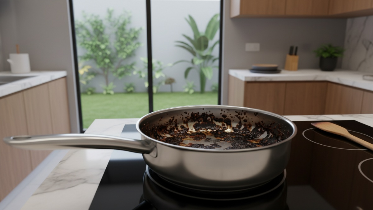 Panci stainless steel dengan kerak gosong