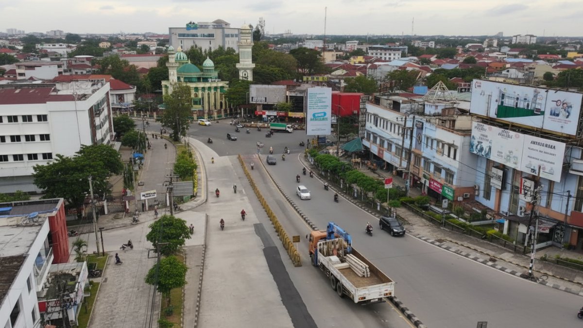Kawasan Simpang Rapak Balikpapan dengan tanjakan curam dan arus kendaraan padat, fokus pada upaya pengamanan lalu lintas.