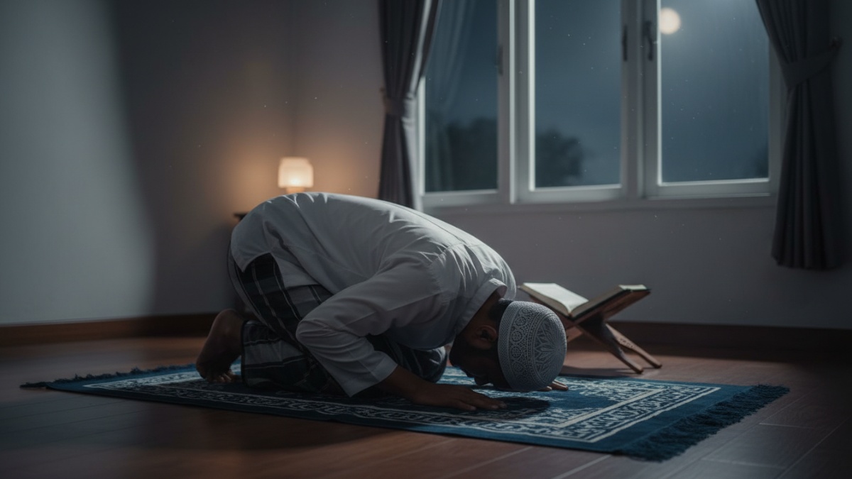 Ilustrasi shalat Tahajud malam hari setelah bangun tidur dengan suasana tenang.