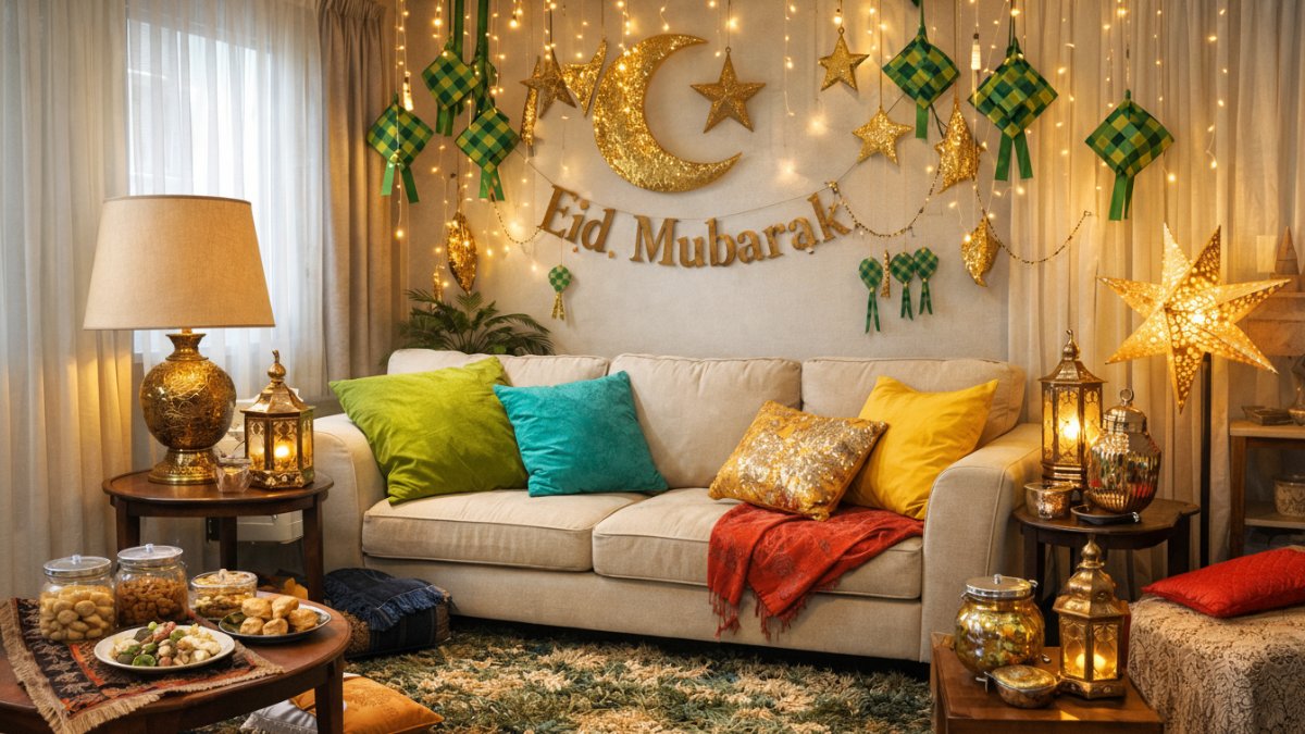 Ornamen Lebaran di ruang tamu tanpa mengganggu sirkulasi.