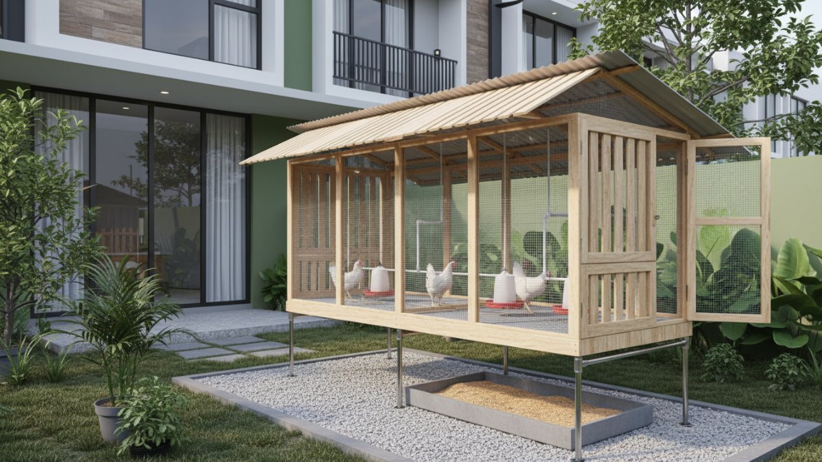 kandang ayam minimalis model panggung di halaman rumah kota, fokus ventilasi dan kebersihan.