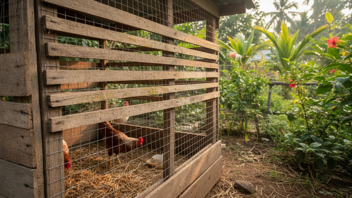 Detail ventilasi silang pada kandang ayam kecil dengan dinding kawat ram.