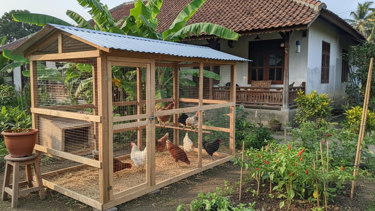 Skema ukuran kandang ayam 1&ndash;1,5 meter persegi untuk 10 ekor.