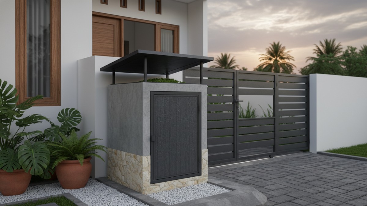 Desain tempat sampah depan rumah minimalis dengan pintu besi dan atap miring tahan hujan.
