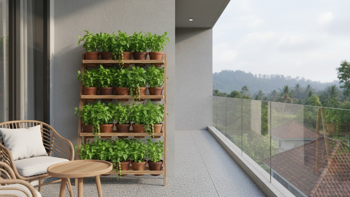Rak vertikal berisi beberapa pot mint di balkon rumah tropis