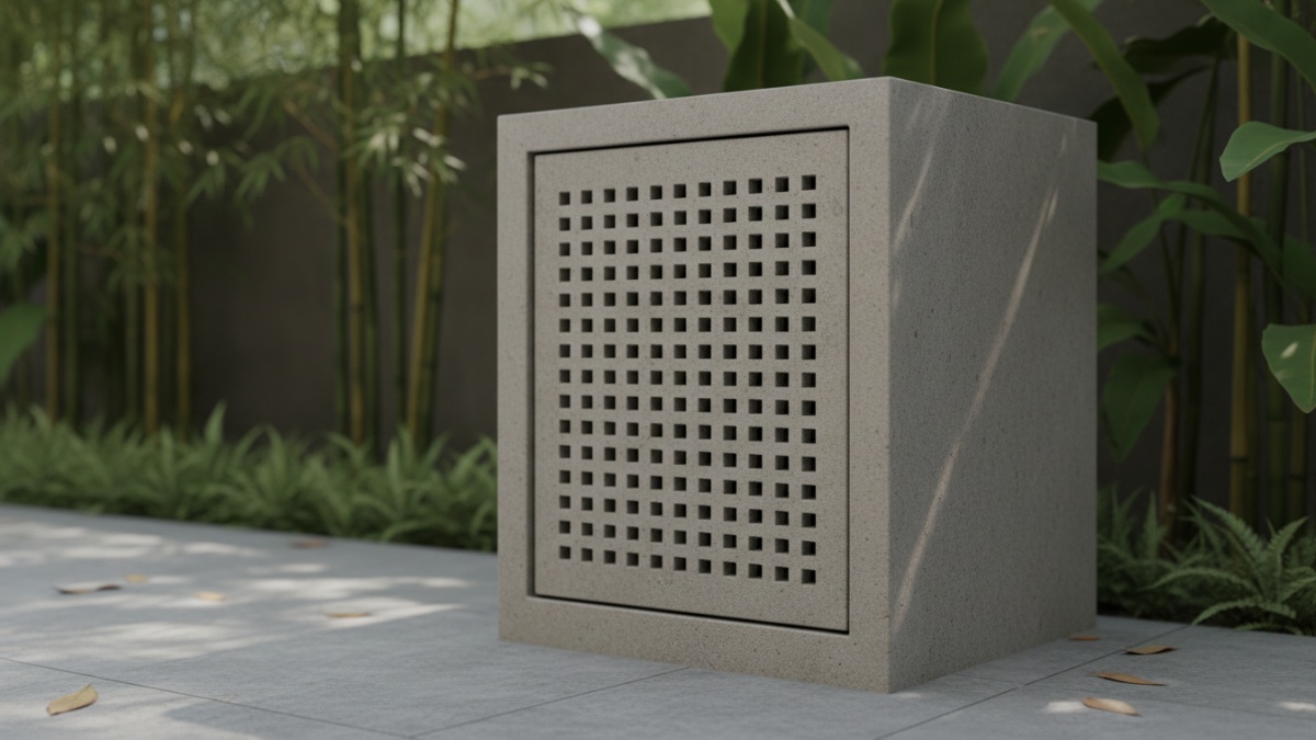 Detail ventilasi kecil pada kabinet tempat sampah beton minimalis.