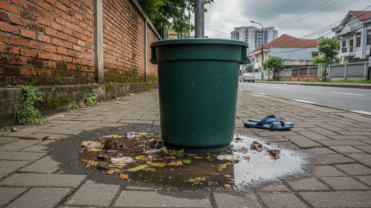 Contoh kesalahan desain tanpa saluran air di dasar tempat sampah.