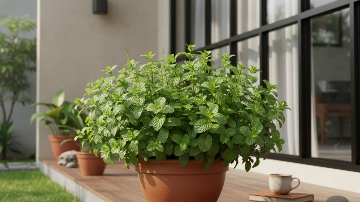 Daun mint rimbun setelah pemangkasan rutin di pot rumah tangga