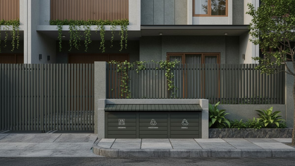 Integrasi tempat sampah dengan pagar rumah warna senada fasad.