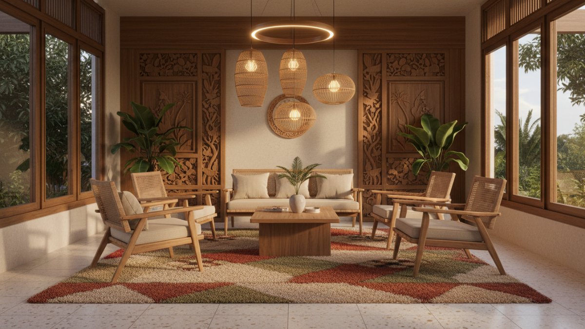zoning visual menggunakan karpet dan lampu gantung.